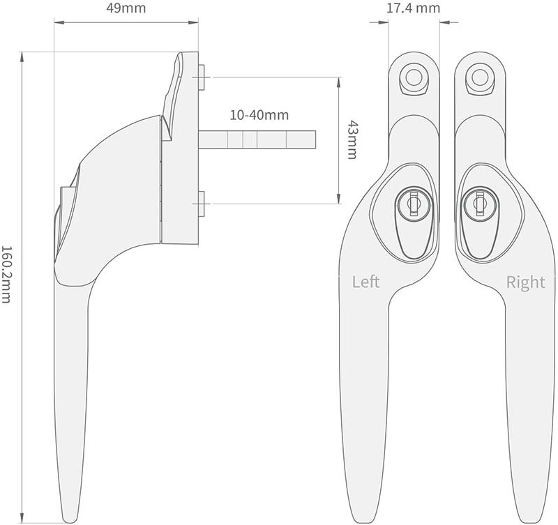 Size diagram of Yale Quartus Cranked Offset upVC Window Handle