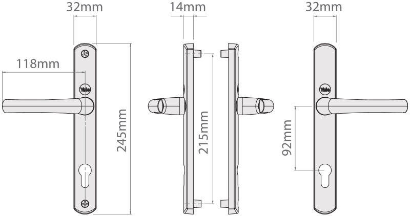 Dimensions of the Yale Superior Lever/Lever 92pz Long Backplate Door Handle